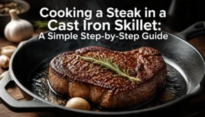 Cooking a steak in a cast iron skillet step by step guide featuring a seared ribeye
