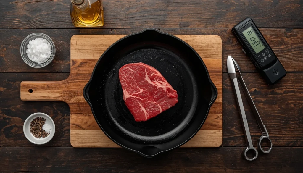 Raw steak with cast iron skillet oil salt pepper tongs and digital thermometer