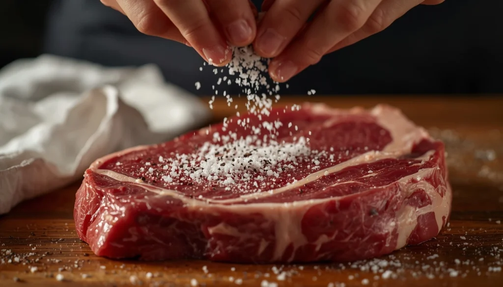 Seasoning a dry raw steak with coarse salt and black pepper