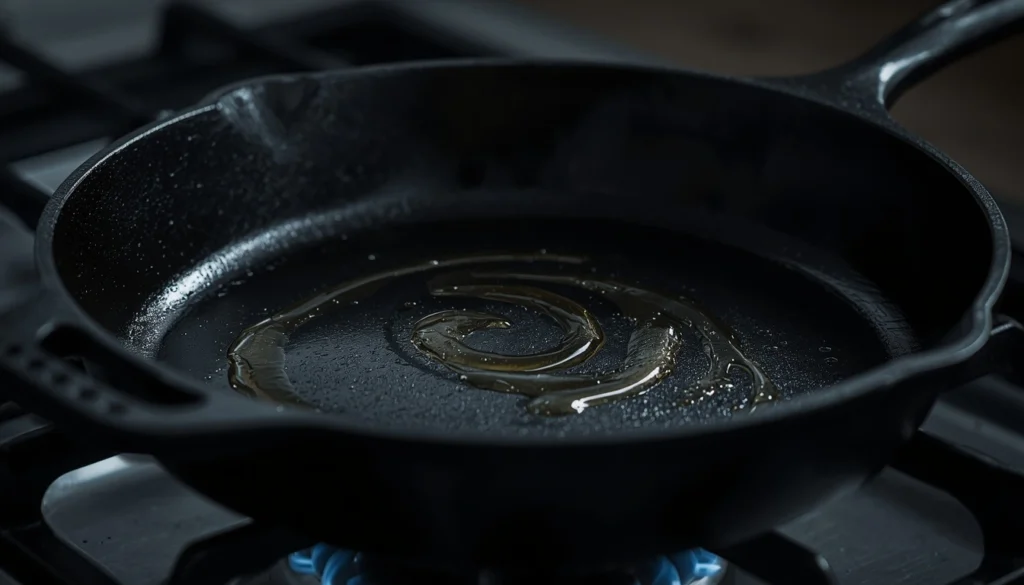 Hot preheated cast iron skillet shimmering with oil on a gas stovetop