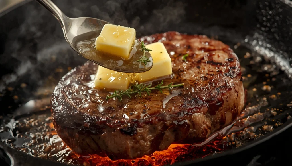 Searing steak in cast iron skillet and butter basting with garlic and thyme