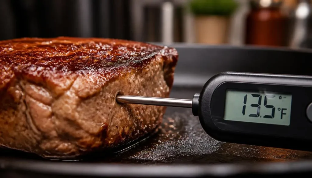 Digital thermometer measuring internal temperature of a seared steak in cast iron